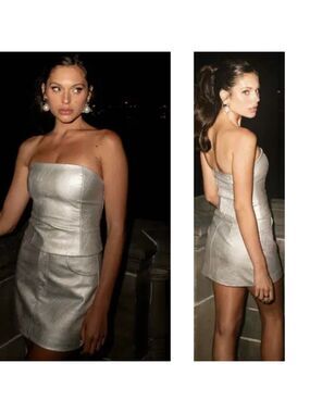WAYF X Jourdan Sloane Rosie Strapless Metallic Silver Faux Leather Corset top